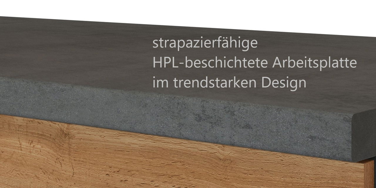 Nahaufnahme einer strapazierfähigen, HPL-beschichteten Arbeitsplatte in trendstarkem Design, seitliche Perspektive.