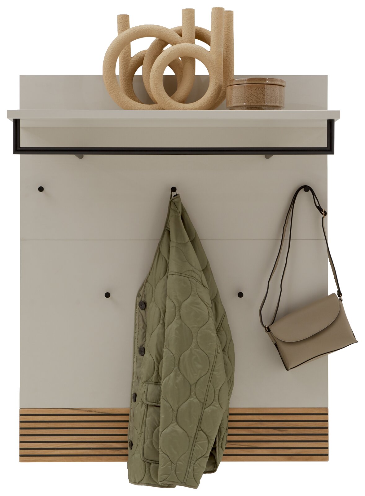 Wandgarderobe in hellgrau mit schwarzer Metallstange, oberem Ablagebrett und Holz-Lamellen unten, mit Haken für Jacke und Tasche; Frontalansicht
