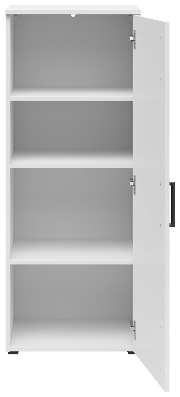 Weiße Kommode mit drei offenen Regalböden und einer geöffneten Tür, Frontalansicht.