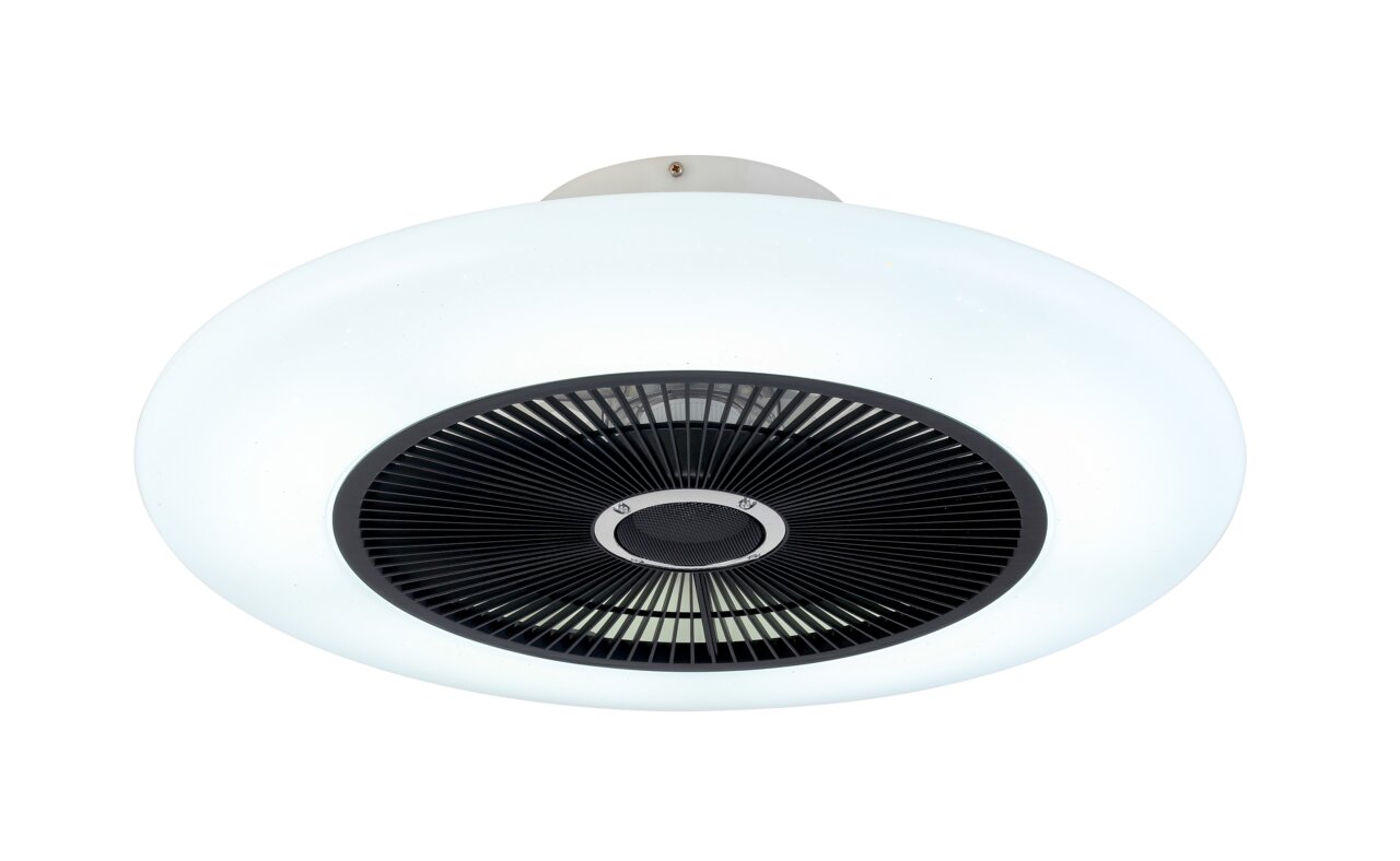 Moderne plafondventilator met ingebouwde verlichting, gezien van onderaf