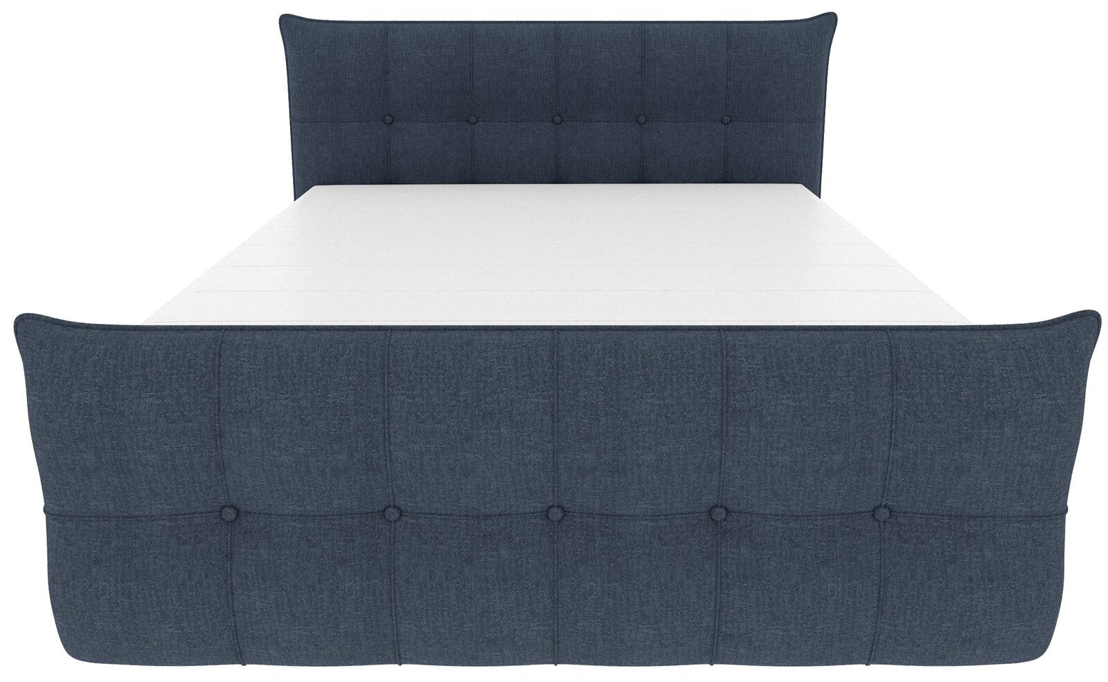 Gepolstertes Stoffbett in Dunkelblau mit Knopfheftung an Kopf- und Fußteil, Frontansicht auf weißem Hintergrund