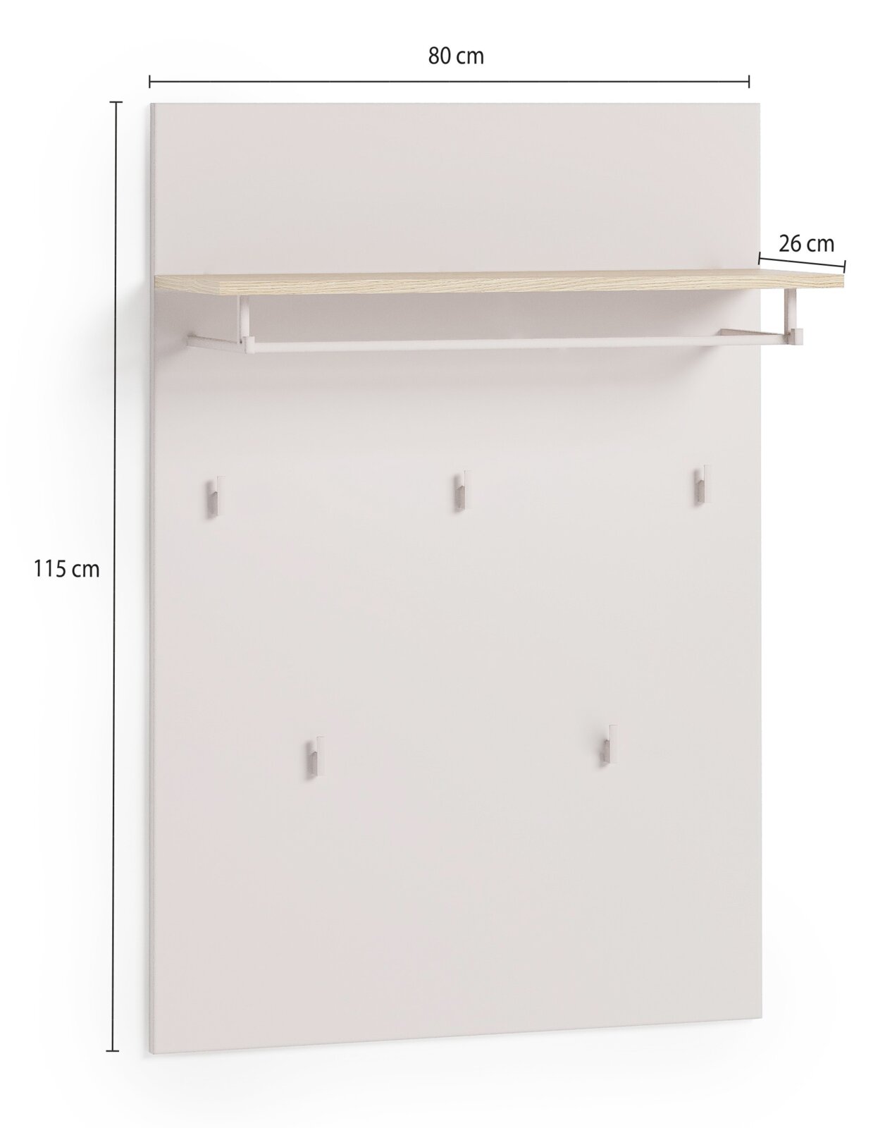 Breed garderobepaneel, 80 cm breed, 115 cm hoog, met legplank en haken, vooraanzicht