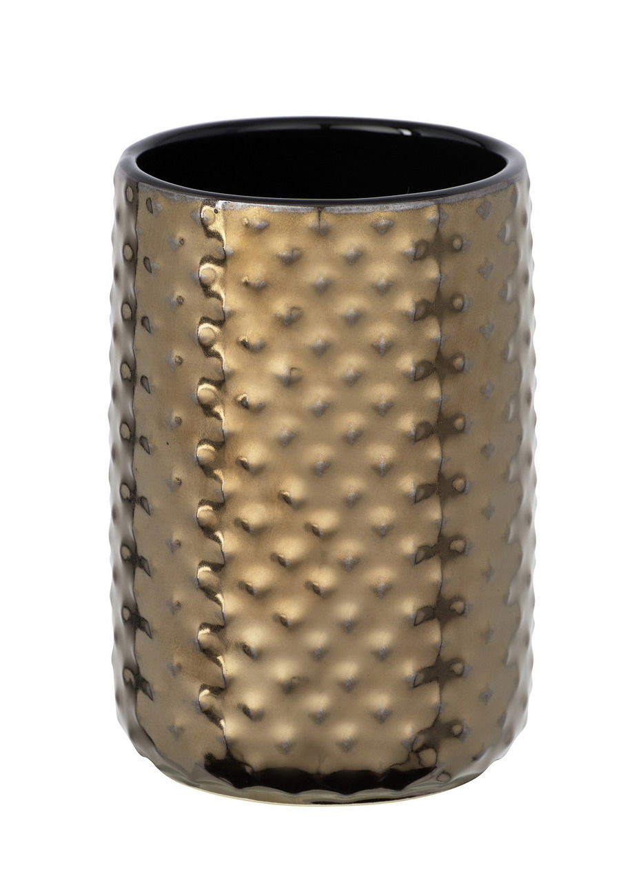 Keramik Zahnputzbecher Keo in goldener Farbe mit strukturierter Oberfläche, seitliche Perspektive