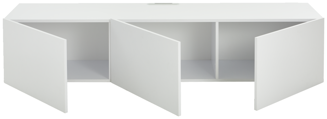 Weißes TV-Hängelowboard mit zwei offenen Türen, frontale Perspektive