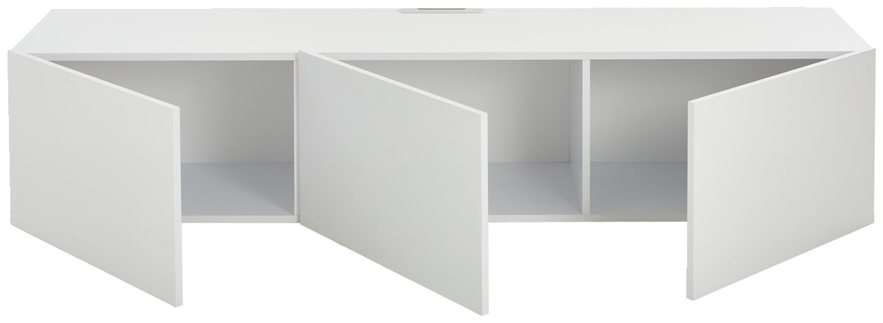 Weißes TV-Hängelowboard mit zwei offenen Türen, frontale Perspektive