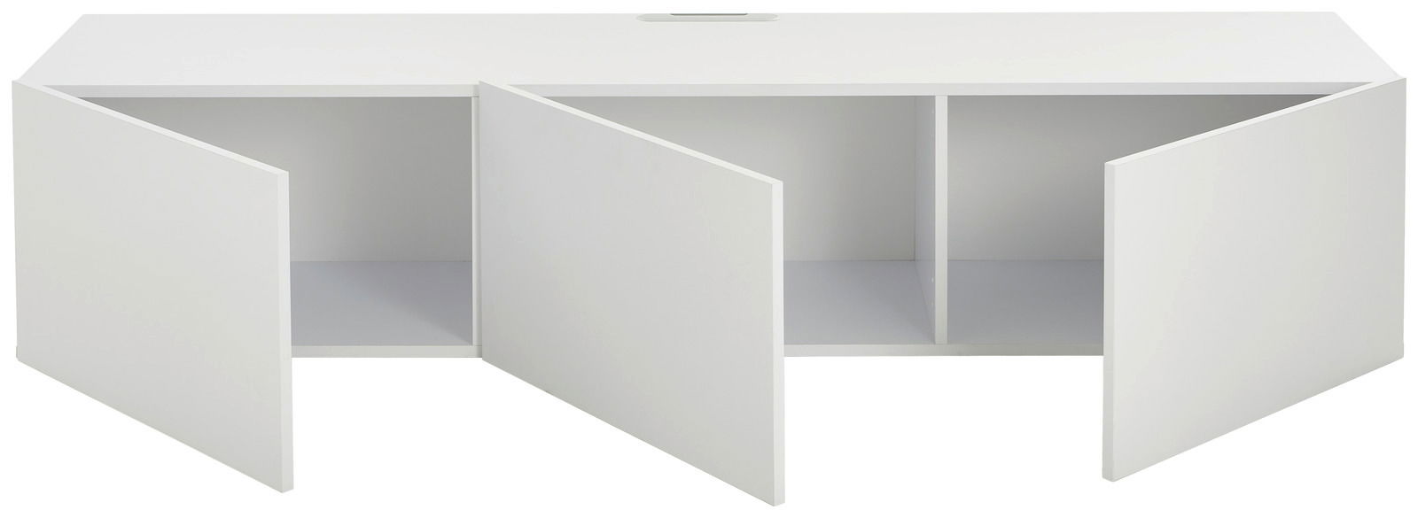 Weißes TV-Hängelowboard mit zwei offenen Türen, frontale Perspektive