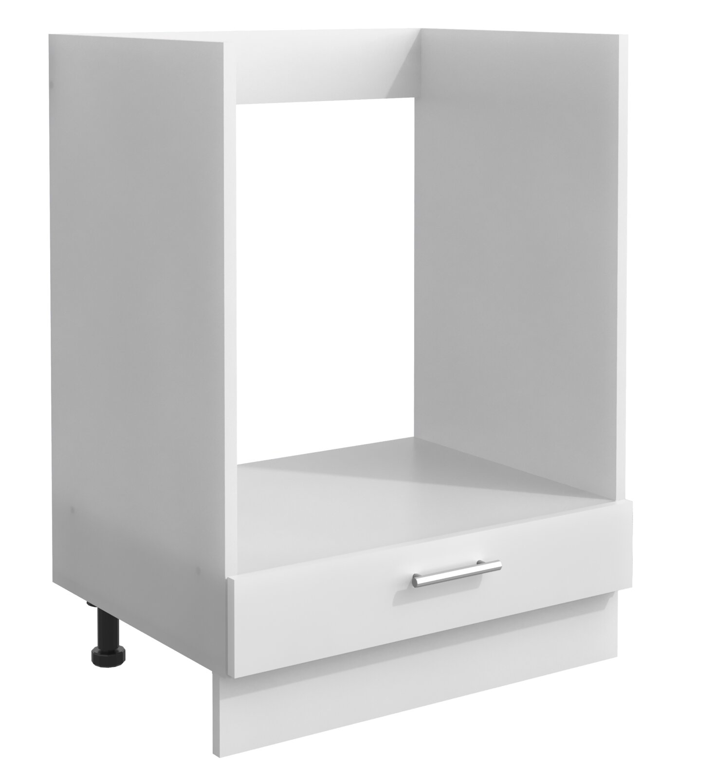 VCM Ofenschrank ESILO Weißer Küchen-Unterschrank/Korpus mit offenem Fach und Schublade mit Metallgriff, auf Stellfuß, freigestellt; Perspektive: leicht schräg von vorne (Front-/Seitenansicht)