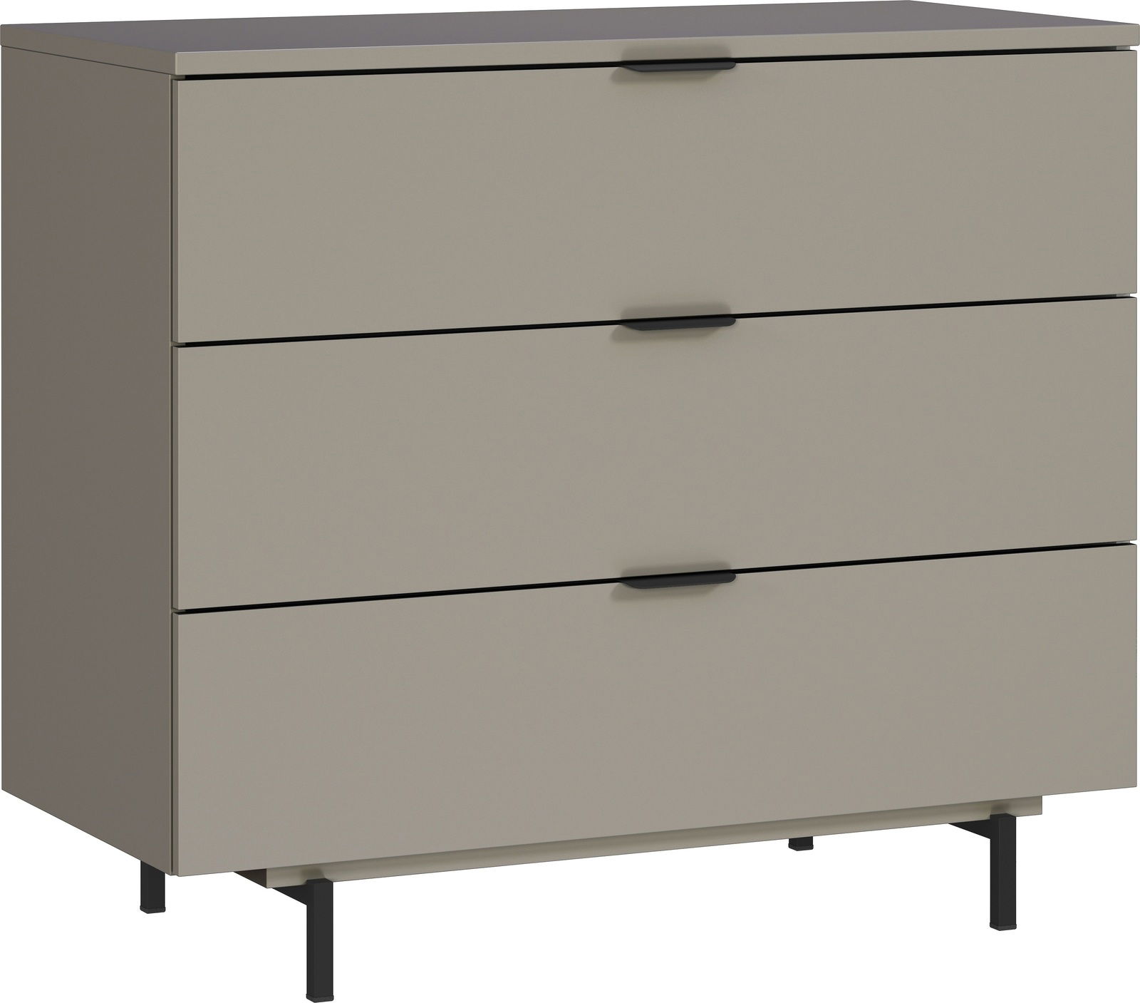 Kommode mit drei Schubladen in Beige, seitliche Perspektive