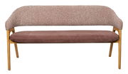 Sitzbank mit gepolsterter Rückenlehne und Sitzfläche in braunem Stoff, Holzgestell, Frontalansicht