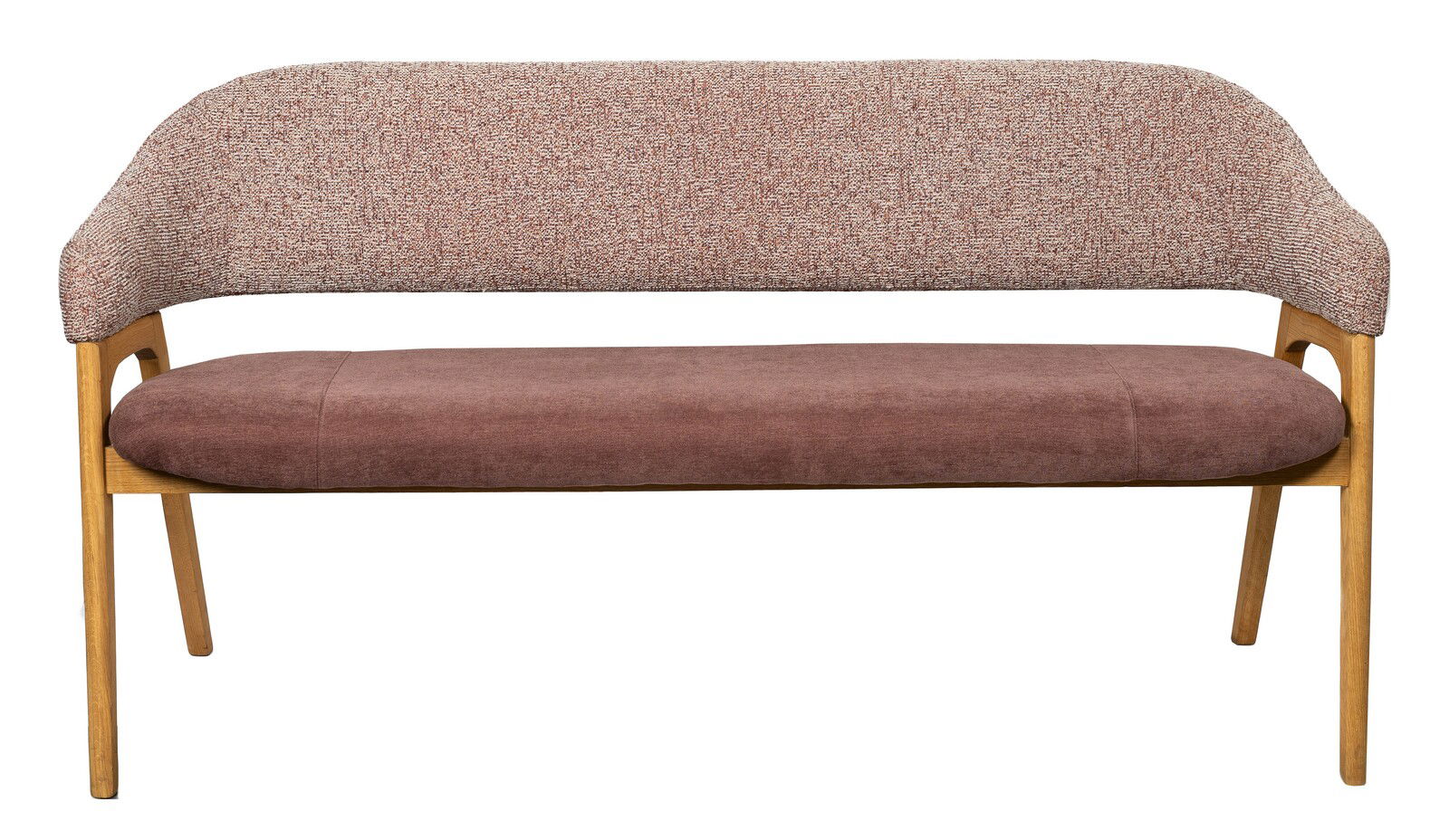 Sitzbank mit gepolsterter Rückenlehne und Sitzfläche in braunem Stoff, Holzgestell, Frontalansicht