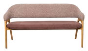 Sitzbank mit gepolsterter Rückenlehne und Sitzfläche in braunem Stoff, Holzgestell, Frontalansicht