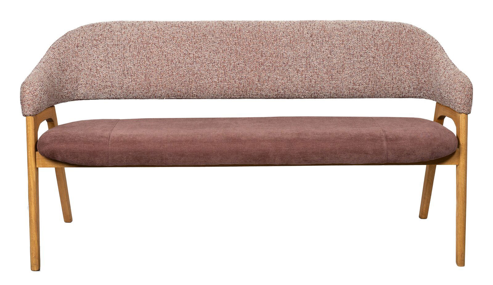 Sitzbank mit gepolsterter Rückenlehne und Sitzfläche in braunem Stoff, Holzgestell, Frontalansicht