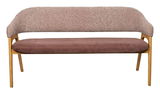 Sitzbank mit gepolsterter Rückenlehne und Sitzfläche in braunem Stoff, Holzgestell, Frontalansicht