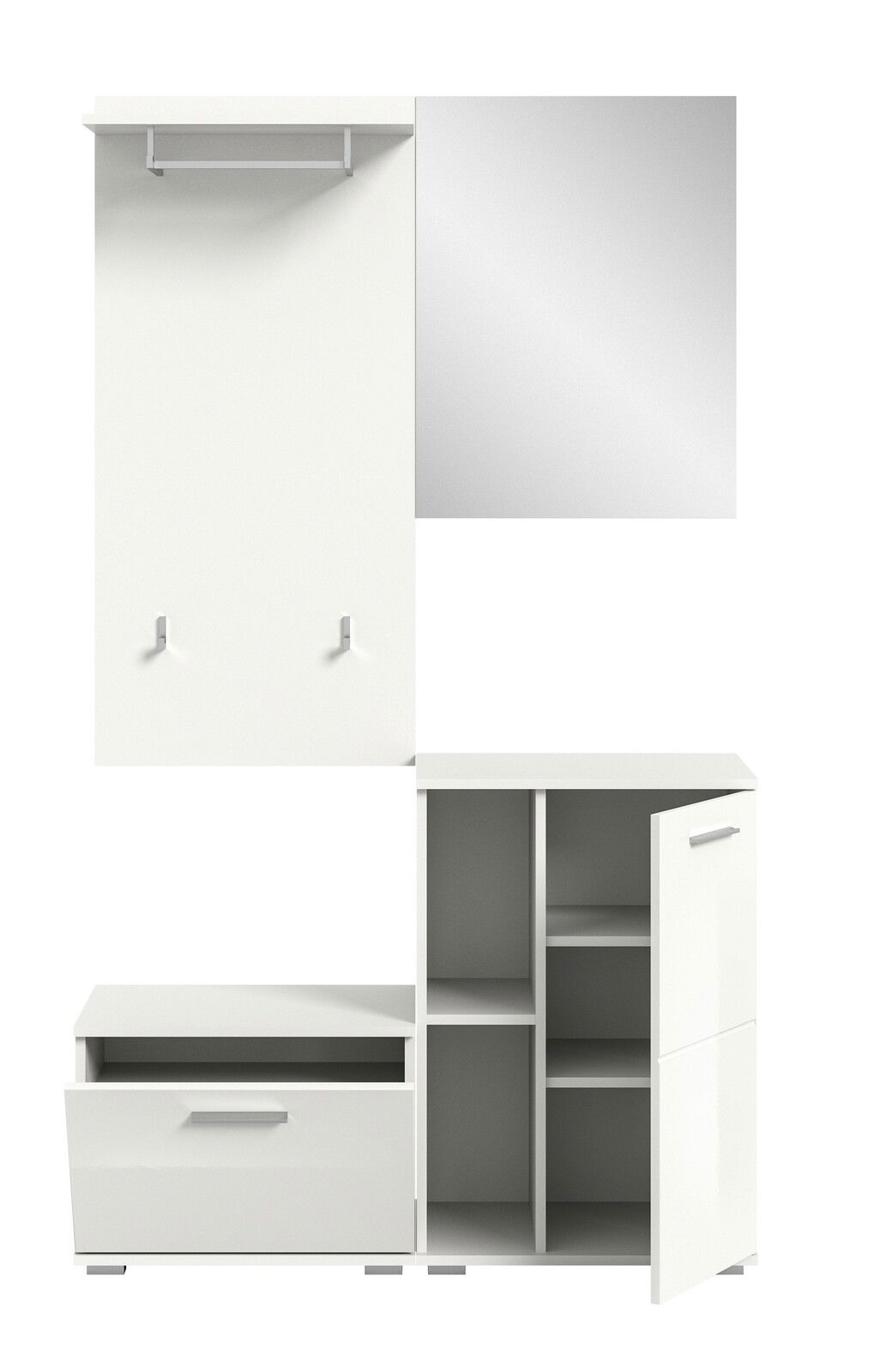 Weiße Garderobenkombination mit Spiegel, Kleiderhaken, Schuhschrank und Regalfächern, frontal betrachtet.