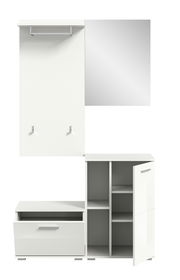 Weiße Garderobenkombination mit Spiegel, Kleiderhaken, Schuhschrank und Regalfächern, frontal betrachtet.