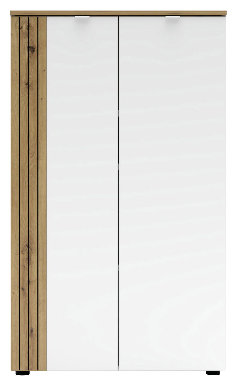 Moderner Büroschrank mit weißen Türen und Holzverkleidung, Frontalansicht