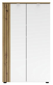 Moderner Büroschrank mit weißen Türen und Holzverkleidung, Frontalansicht