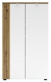 Moderner Büroschrank mit weißen Türen und Holzverkleidung, Frontalansicht