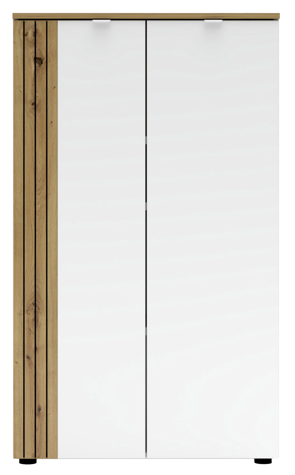 Moderner Büroschrank mit weißen Türen und Holzverkleidung, Frontalansicht