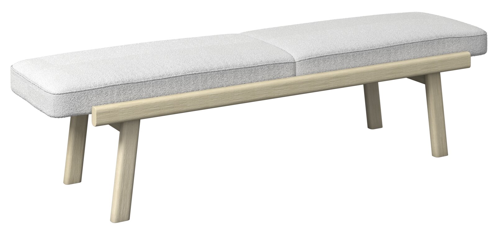 Moderne Sitzbank mit hellem Holzgestell und grauem Polster, seitliche Perspektive