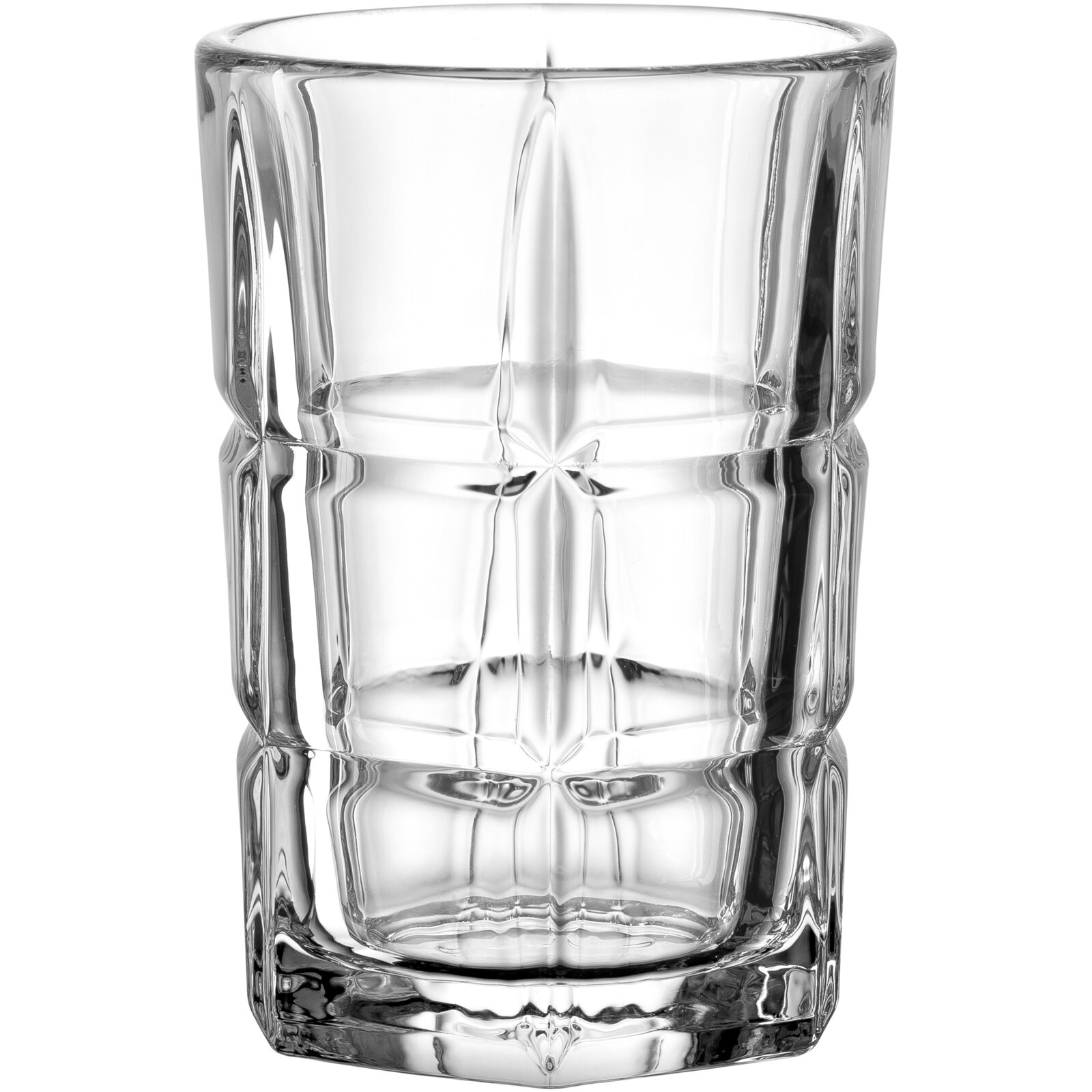 Transparant glazen tumblerdrinkglas met facetten en dikke bodem, frontale productfoto recht van voren op witte achtergrond.