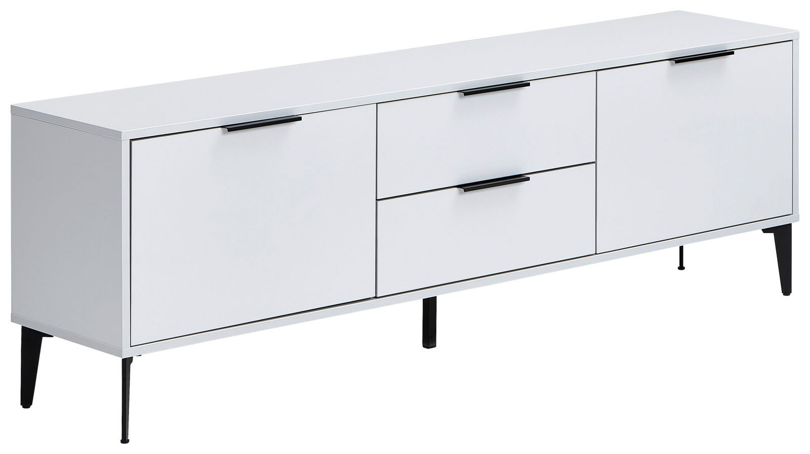 Hom´in TV-Lowboard JOLLY Weißes TV-Lowboard JOLLY mit schwarzen Griffen und Beinen, seitliche Perspektive