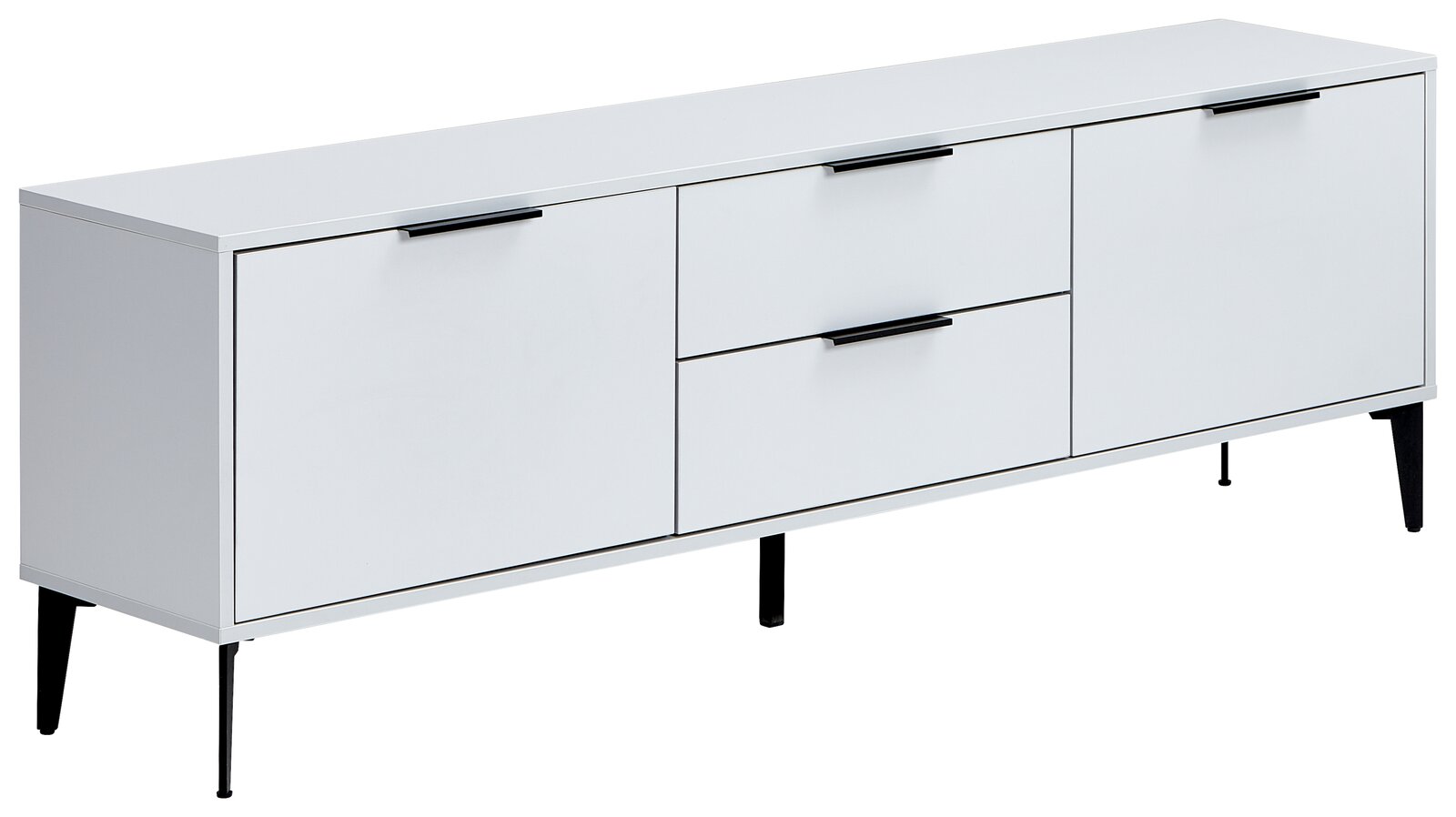 Weißes TV-Lowboard JOLLY mit schwarzen Griffen und Beinen, seitliche Perspektive