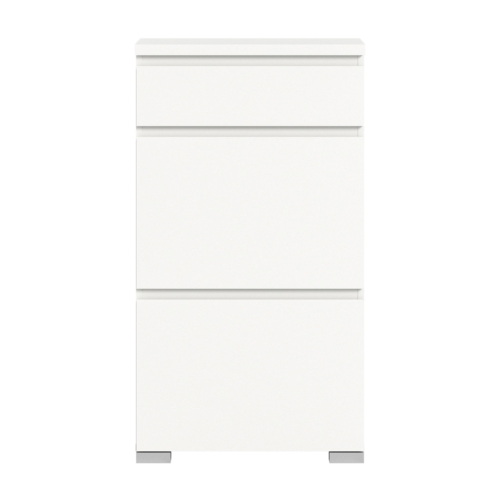 Weißer Schuhschrank mit drei Schubladen, frontale Ansicht