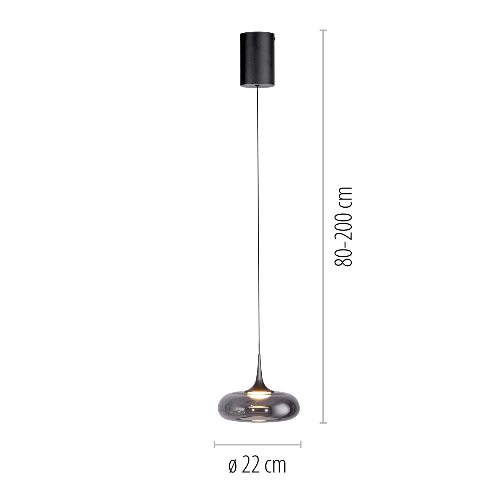 Moderne Pendelleuchte mit rauchgrauem Glas-Schirm und schwarzem Kabel, höhenverstellbar 80–200 cm, Durchmesser 22 cm, Frontansicht auf weißem Hintergrund.