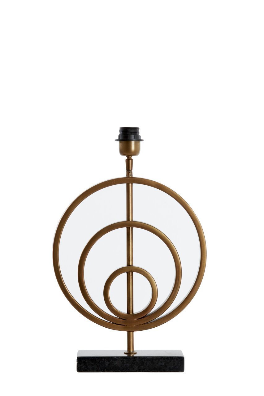 Lampvoet in goud met cirkelvormig ontwerp op een zwarte sokkel, van voren afgebeeld.