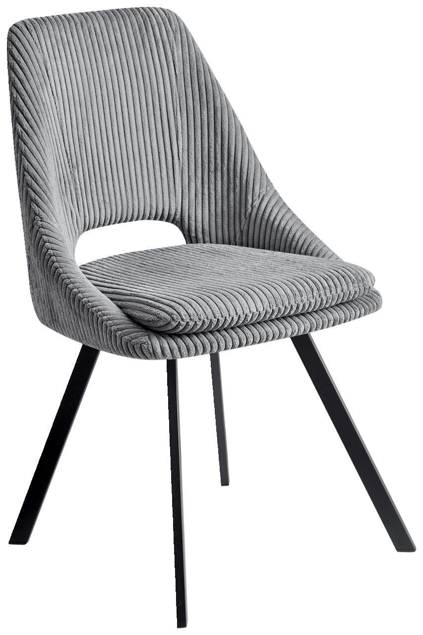 Grauer, moderner Stuhl mit geripptem Stoffbezug und schwarzen Metallbeinen, seitliche Perspektive