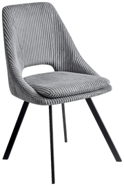 Grauer, moderner Stuhl mit geripptem Stoffbezug und schwarzen Metallbeinen, seitliche Perspektive