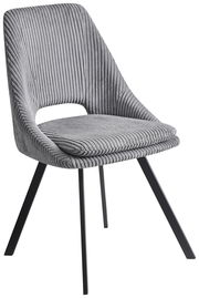 Grauer, moderner Stuhl mit geripptem Stoffbezug und schwarzen Metallbeinen, seitliche Perspektive