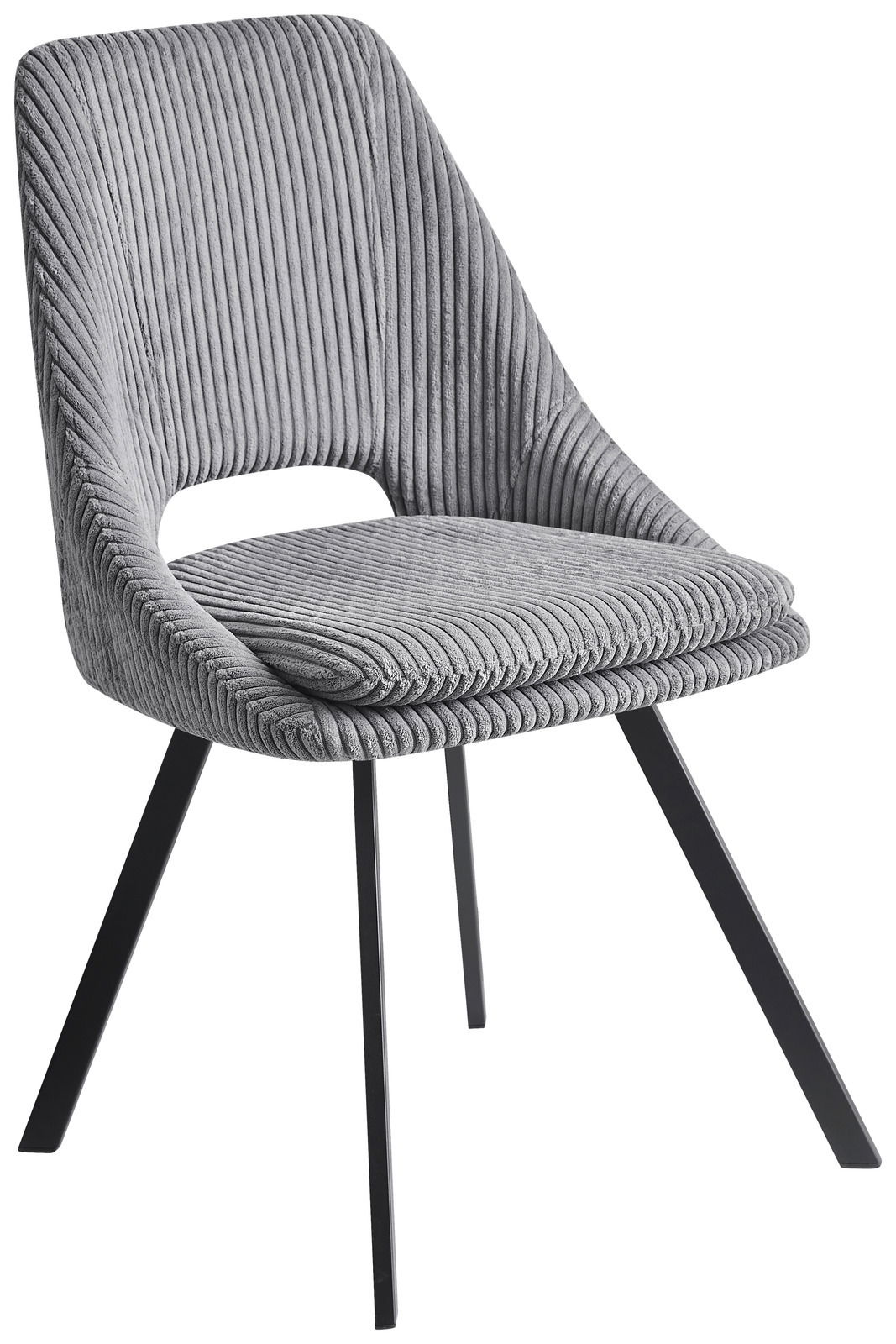 Grauer, moderner Stuhl mit geripptem Stoffbezug und schwarzen Metallbeinen, seitliche Perspektive