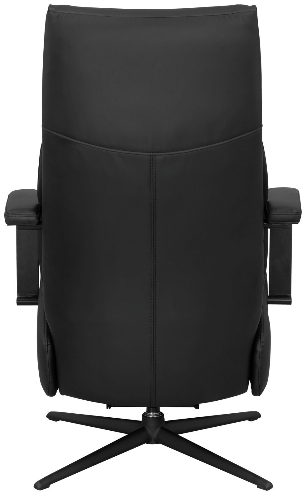 Rückansicht eines schwarzen Relaxsessels mit Armlehnen und drehbarem Fuß.