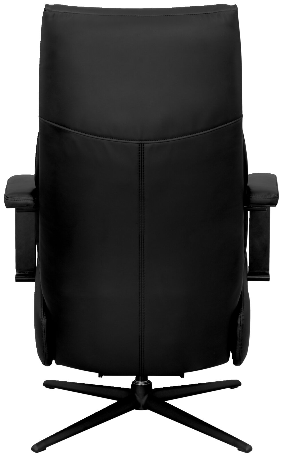 Achterkant van een zwarte relaxfauteuil met armleuningen en een draaibare voet.