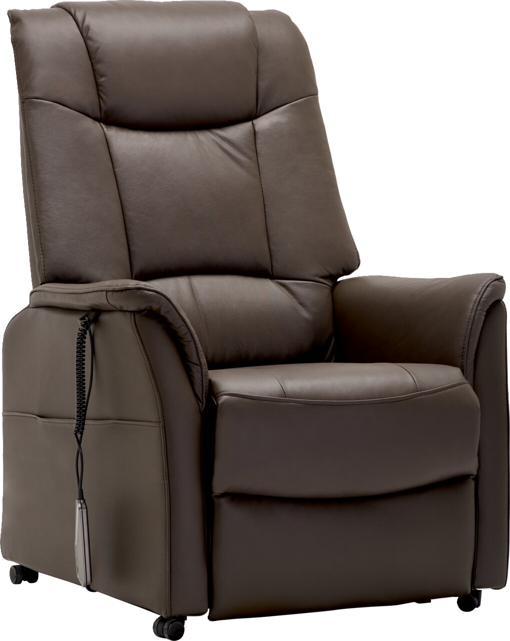 Bequemer brauner Fernsehsessel mit Fernbedienung, seitliche Perspektive