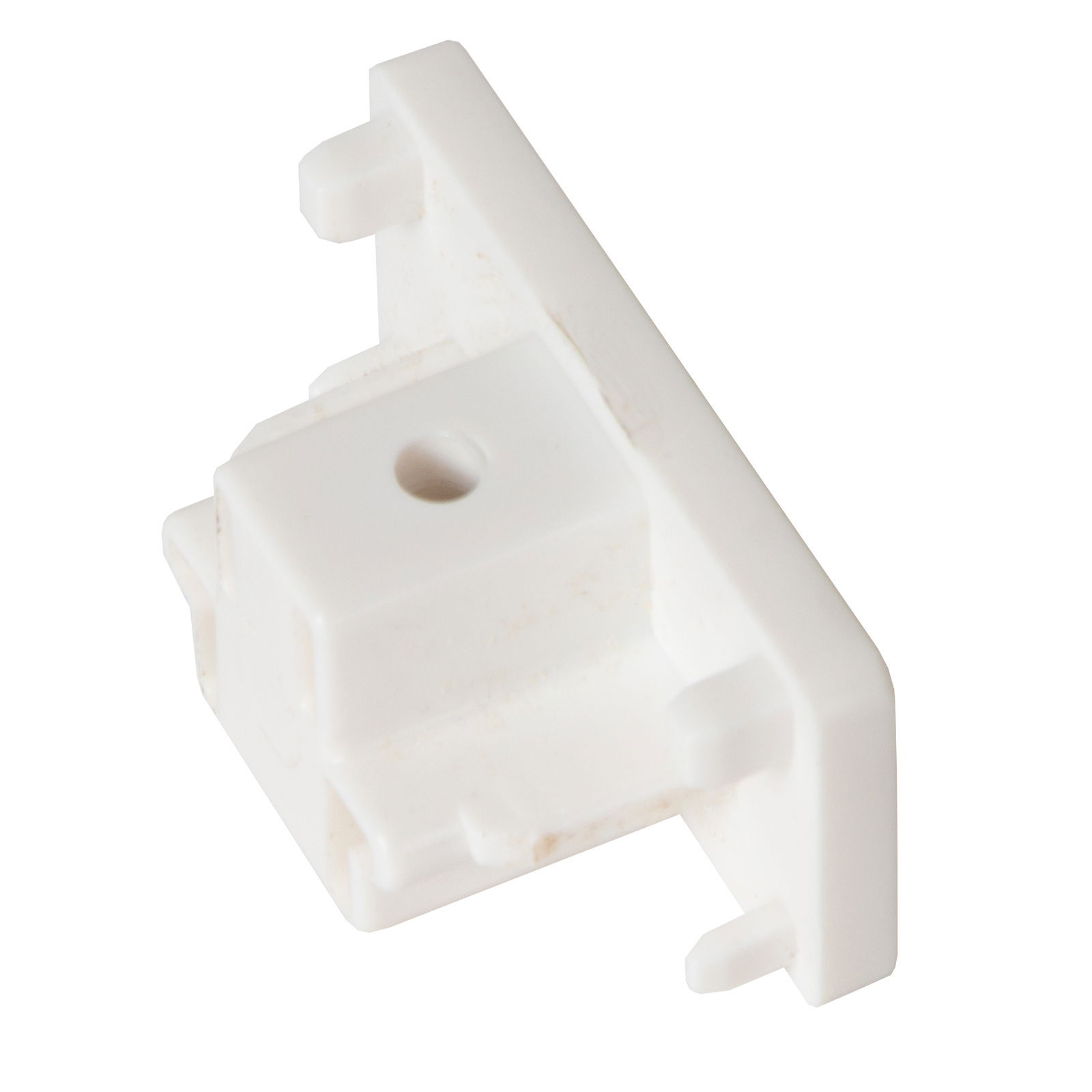 Weiße Endkappe aus Kunststoff, seitliche Perspektive