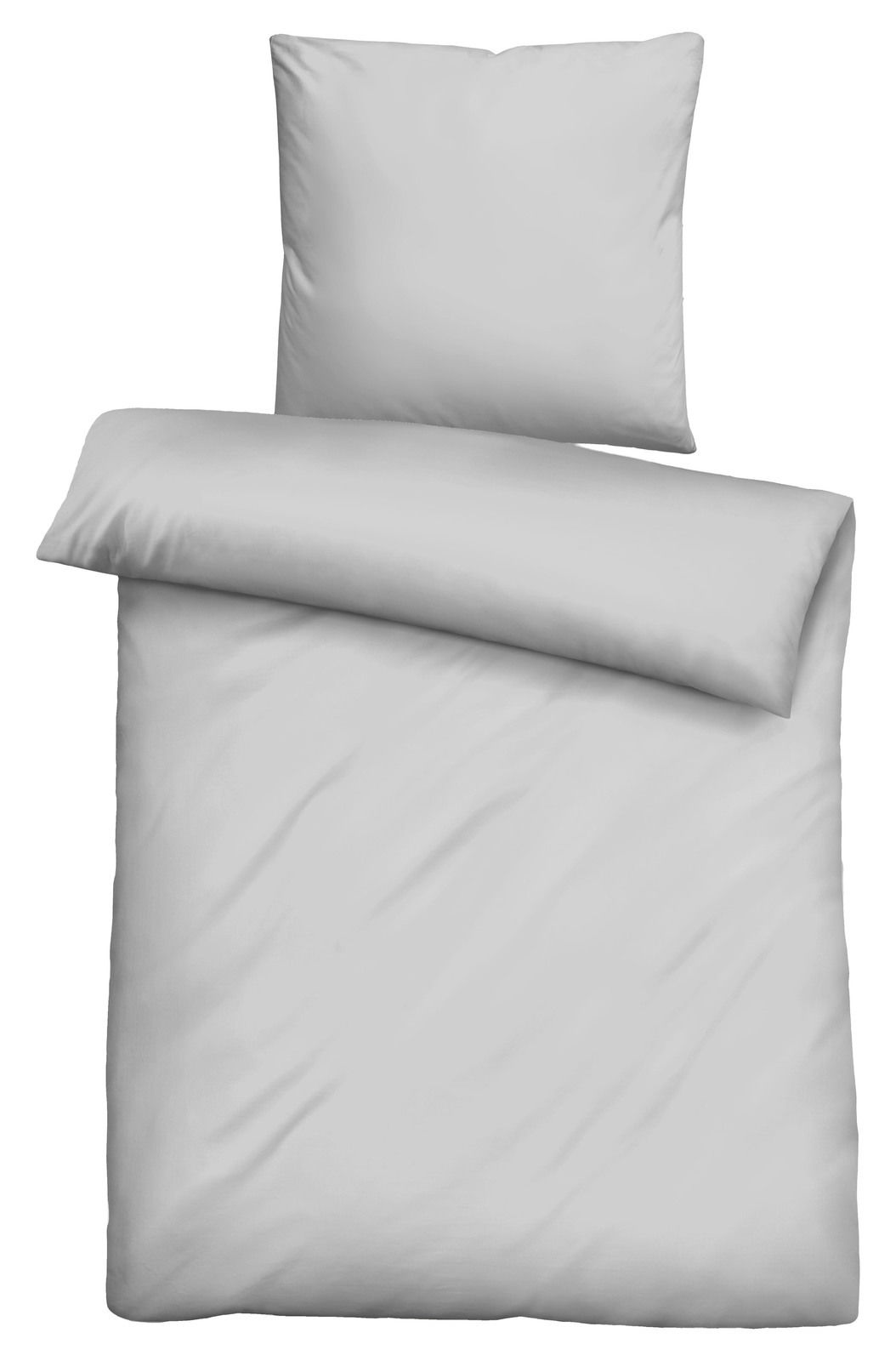 Bettwäsche-Set in Weiß, bestehend aus einem Kissenbezug und einem Bettdeckenbezug, aus der Vogelperspektive fotografiert.