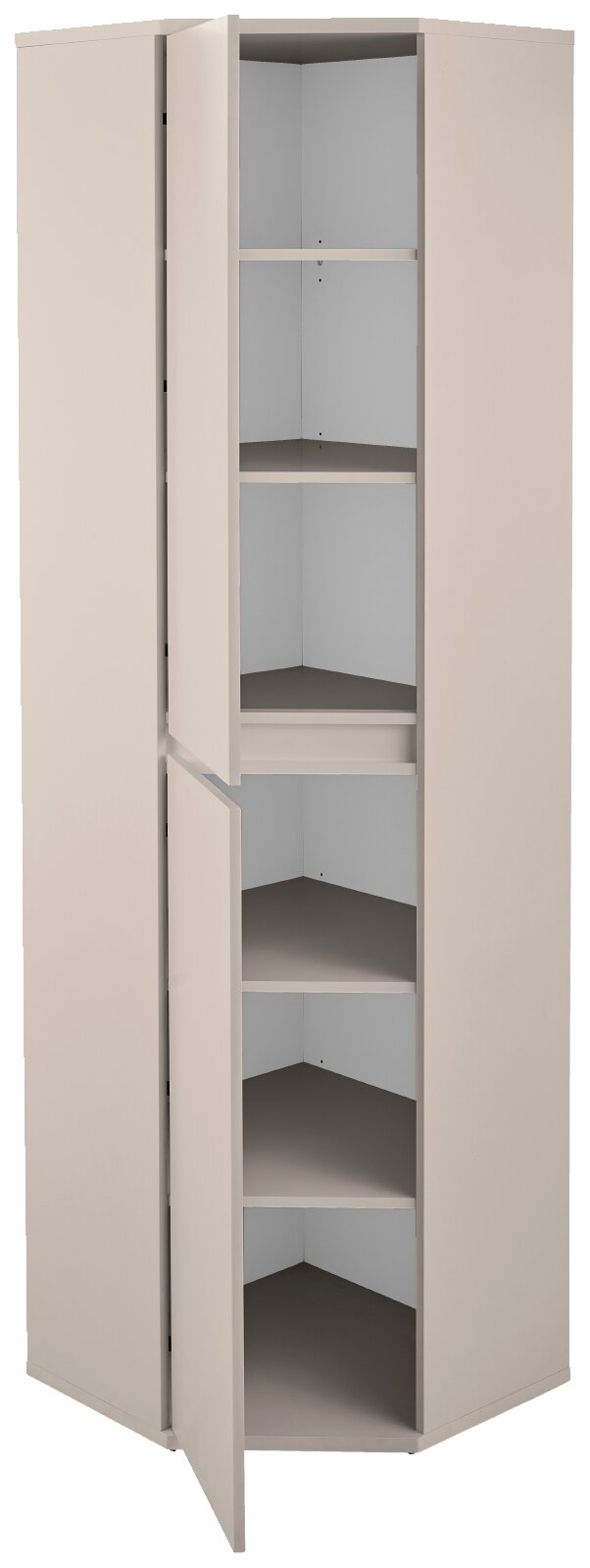 Hoge beige hoekkast met twee openstaande deuren en meerdere ruime legplanken, schuin van voren weergegeven