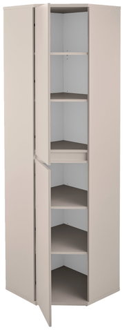 Hoge beige hoekkast met twee openstaande deuren en meerdere ruime legplanken, schuin van voren weergegeven
