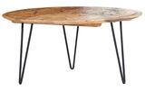 Runder Beistelltisch mit Holzplatte und filigranen Metallbeinen, seitliche Perspektive