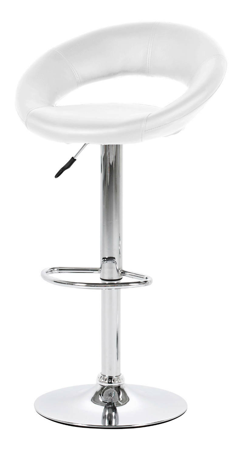 Moderner weißer Barhocker mit verchromtem Gestell, seitliche Perspektive