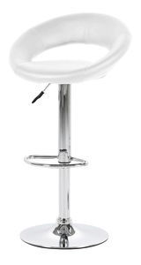 Moderner weißer Barhocker mit verchromtem Gestell, seitliche Perspektive