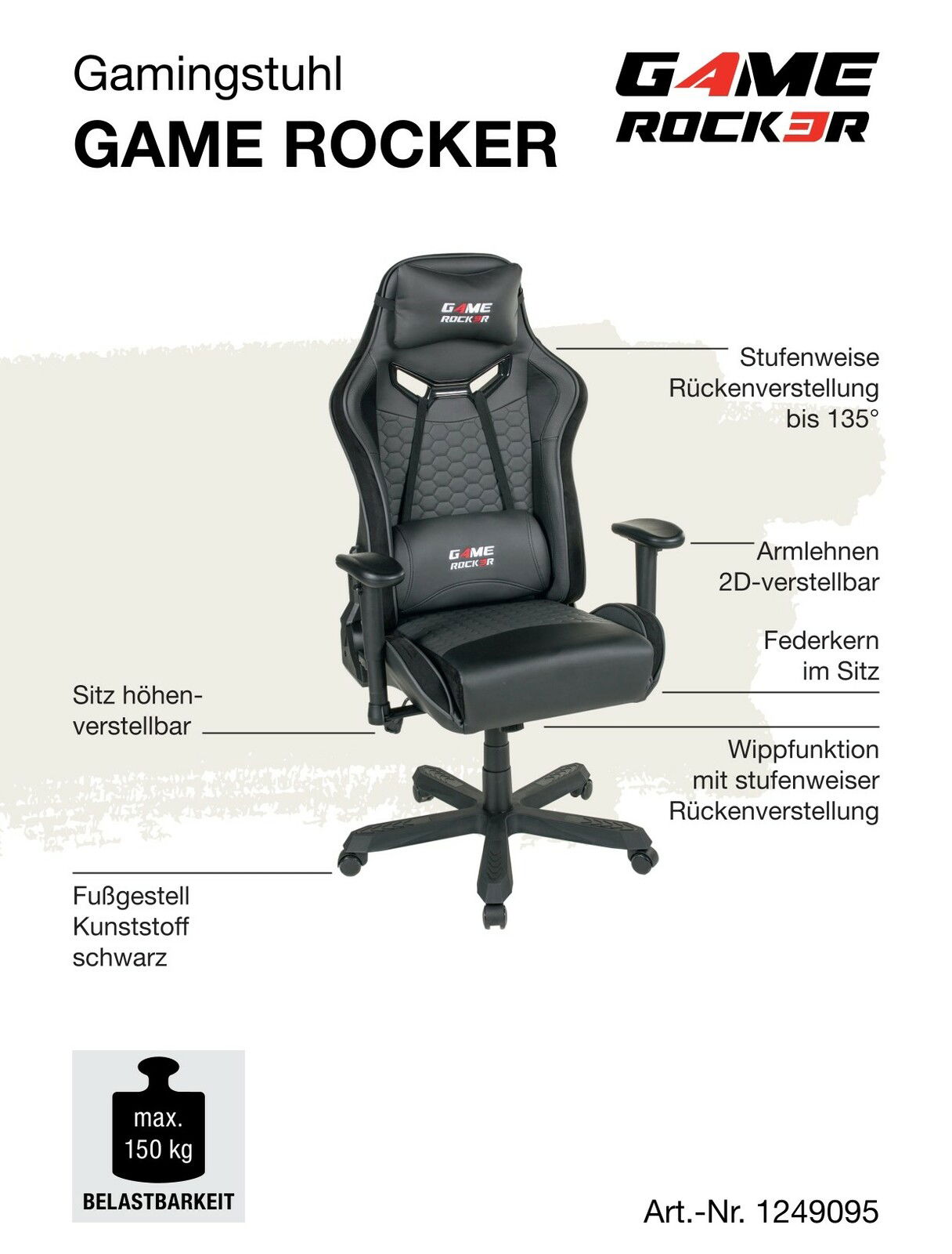 Gamingstuhl GAME ROCKER mit stufenweiser Rückenverstellung bis 135 Grad, 2D-verstellbaren Armlehnen, höhenverstellbarem Sitz, Federkern im Sitz und schwarzem Kunststoff-Fußgestell. Frontale Perspektive.