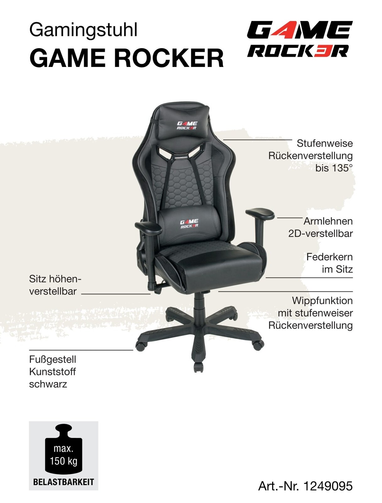 Gamingstuhl GAME ROCKER mit stufenweiser Rückenverstellung bis 135 Grad, 2D-verstellbaren Armlehnen, höhenverstellbarem Sitz, Federkern im Sitz und schwarzem Kunststoff-Fußgestell. Frontale Perspektive.