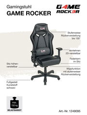 Gamingstuhl GAME ROCKER mit stufenweiser Rückenverstellung bis 135 Grad, 2D-verstellbaren Armlehnen, höhenverstellbarem Sitz, Federkern im Sitz und schwarzem Kunststoff-Fußgestell. Frontale Perspektive.