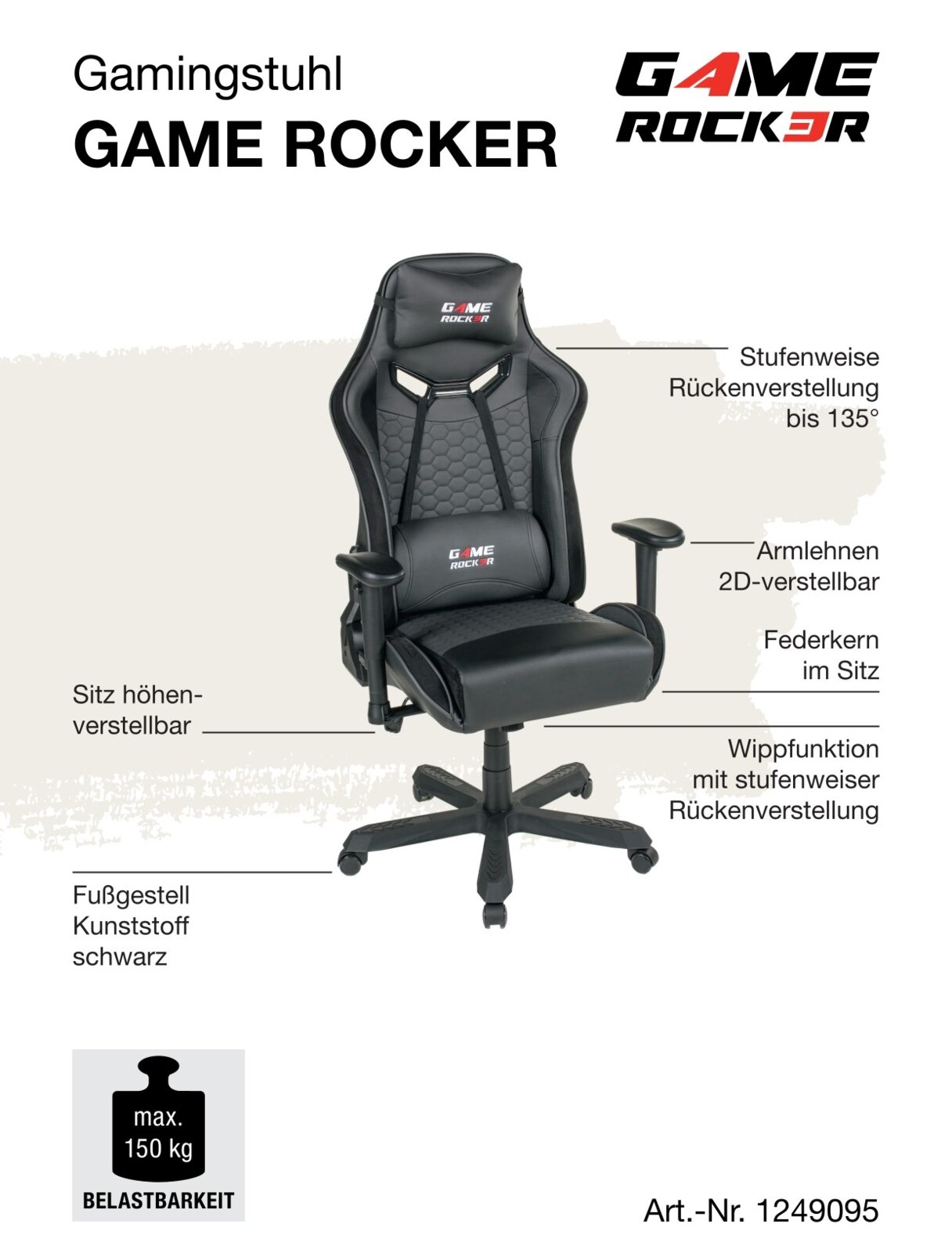 Gamingstuhl GAME ROCKER mit stufenweiser Rückenverstellung bis 135 Grad, 2D-verstellbaren Armlehnen, höhenverstellbarem Sitz, Federkern im Sitz und schwarzem Kunststoff-Fußgestell. Frontale Perspektive.