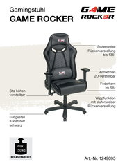 Gamingstuhl GAME ROCKER mit stufenweiser Rückenverstellung bis 135 Grad, 2D-verstellbaren Armlehnen, höhenverstellbarem Sitz, Federkern im Sitz und schwarzem Kunststoff-Fußgestell. Frontale Perspektive.