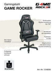 Gamingstuhl GAME ROCKER mit stufenweiser Rückenverstellung bis 135 Grad, 2D-verstellbaren Armlehnen, höhenverstellbarem Sitz, Federkern im Sitz und schwarzem Kunststoff-Fußgestell. Frontale Perspektive.